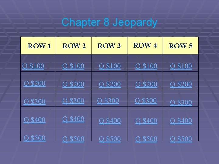 Chapter 8 Jeopardy ROW 2 ROW 3 ROW 4 ROW 5 Q $100 Q