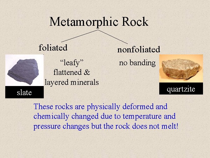 Metamorphic Rock foliated “leafy” flattened & layered minerals slate nonfoliated no banding quartzite These