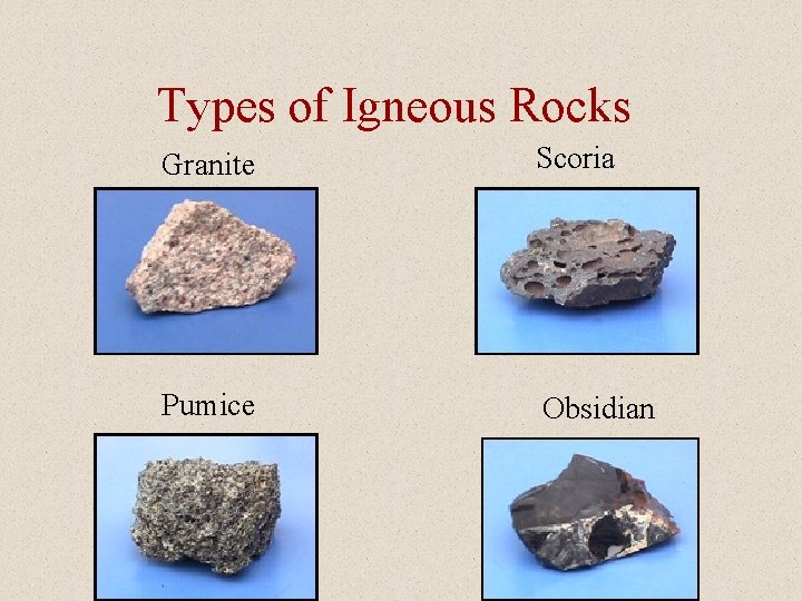 Types of Igneous Rocks Granite Scoria Pumice Obsidian 