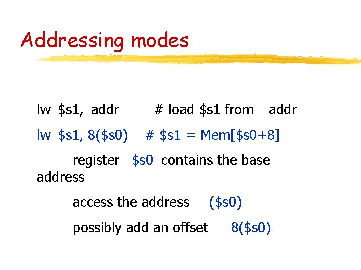 Addressing modes lw $s 1, addr lw $s 1, 8($s 0) # load $s Addressing modes lw $s 1, addr lw $s 1, 8($s 0) # load $s