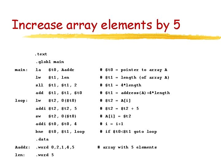 Increase array elements by 5. text. globl main: loop: la $t 0, Aaddr # Increase array elements by 5. text. globl main: loop: la $t 0, Aaddr #