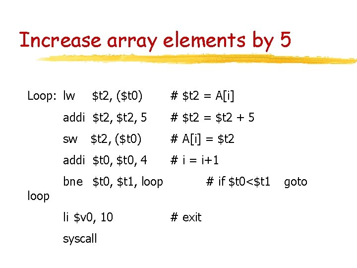 Increase array elements by 5 Loop: lw $t 2, ($t 0) addi $t 2, Increase array elements by 5 Loop: lw $t 2, ($t 0) addi $t 2,
