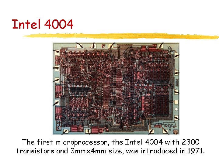 Intel 4004 The first microprocessor, the Intel 4004 with 2300 transistors and 3 mmx Intel 4004 The first microprocessor, the Intel 4004 with 2300 transistors and 3 mmx