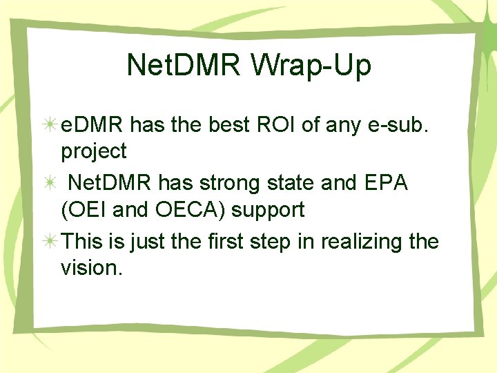 Net. DMR Wrap-Up e. DMR has the best ROI of any e-sub. project Net.