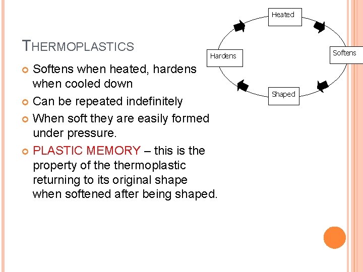 Heated THERMOPLASTICS Softens Hardens Softens when heated, hardens when cooled down Can be repeated