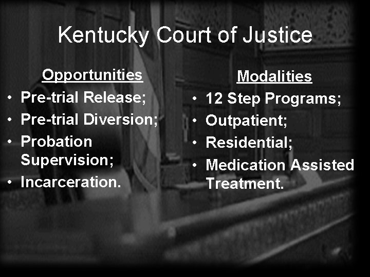 Kentucky Court of Justice • • Opportunities Pre-trial Release; Pre-trial Diversion; Probation Supervision; Incarceration.