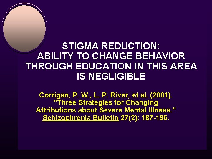 STIGMA REDUCTION: ABILITY TO CHANGE BEHAVIOR THROUGH EDUCATION IN THIS AREA IS NEGLIGIBLE Corrigan,