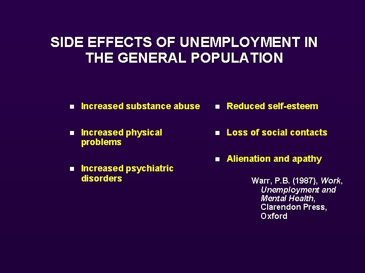 SIDE EFFECTS OF UNEMPLOYMENT IN THE GENERAL POPULATION n Increased substance abuse n Reduced