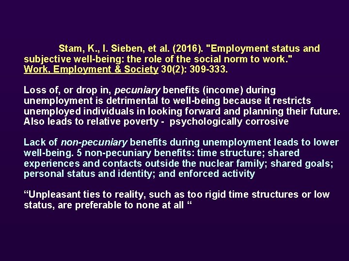 Stam, K. , I. Sieben, et al. (2016). "Employment status and subjective well-being: the