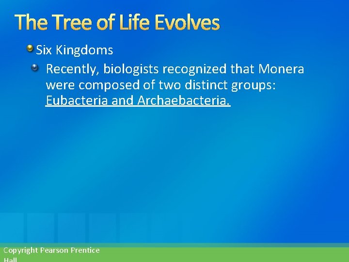 The Tree of Life Evolves Six Kingdoms Recently, biologists recognized that Monera were composed