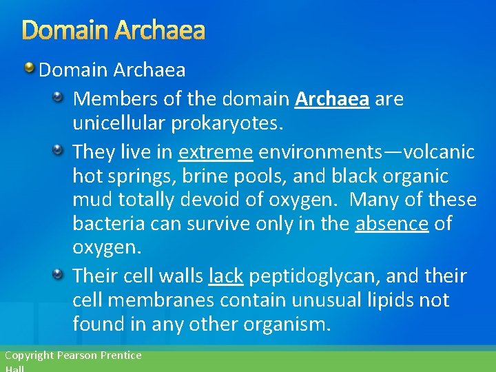 Domain Archaea Members of the domain Archaea are unicellular prokaryotes. They live in extreme