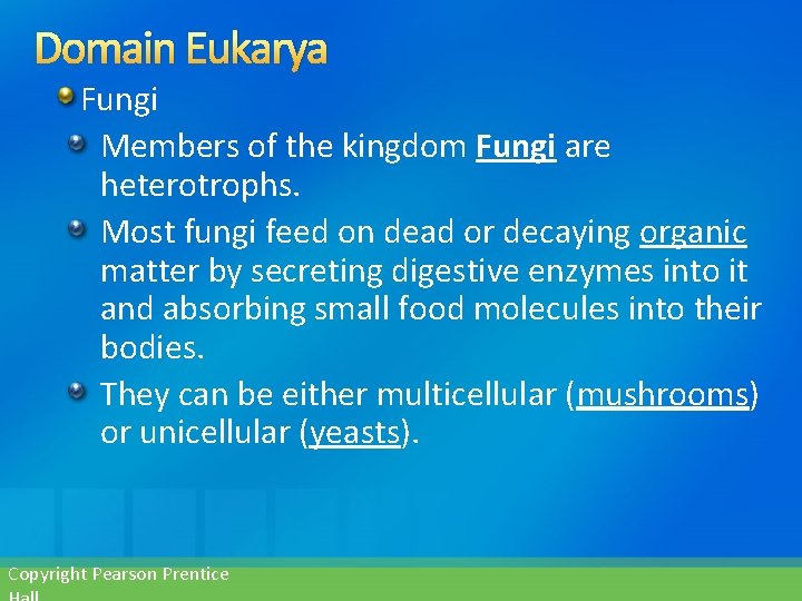 Domain Eukarya Fungi Members of the kingdom Fungi are heterotrophs. Most fungi feed on