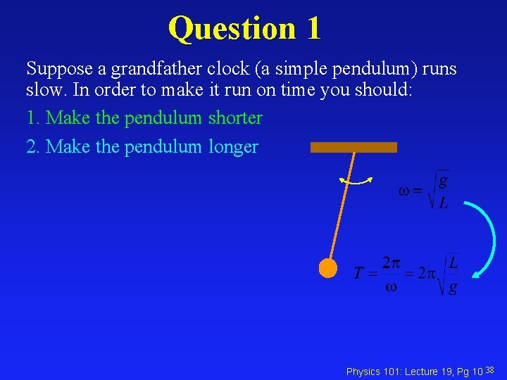 Question 1 Suppose a grandfather clock (a simple pendulum) runs slow. In order to