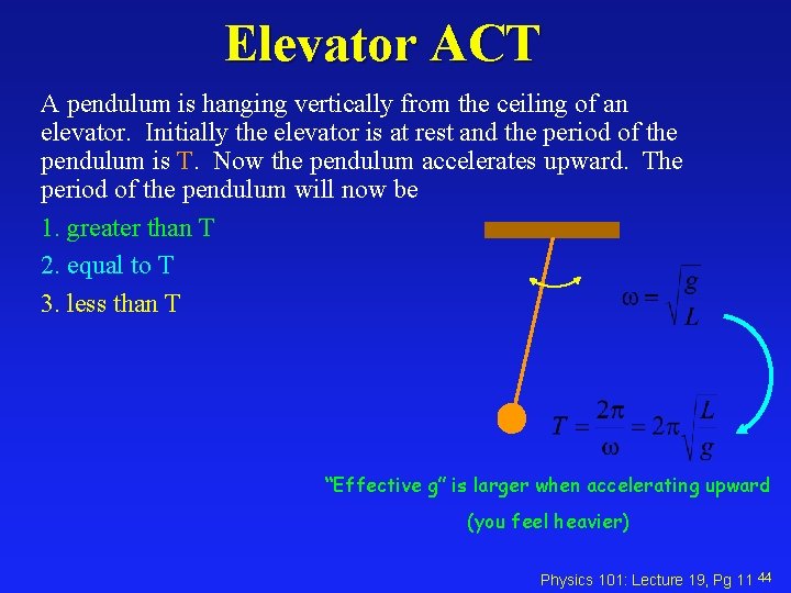 Elevator ACT A pendulum is hanging vertically from the ceiling of an elevator. Initially