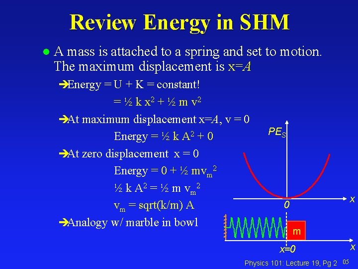 Review Energy in SHM l A mass is attached to a spring and set