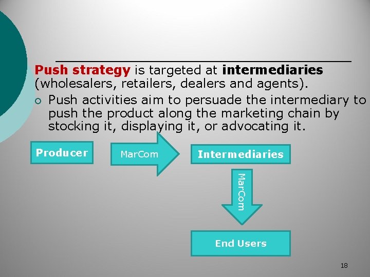 Push strategy is targeted at intermediaries (wholesalers, retailers, dealers and agents). ¡ Push activities