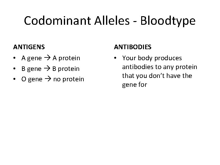 Codominant Alleles - Bloodtype ANTIGENS ANTIBODIES • A gene A protein • B gene