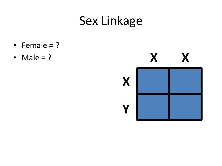 Sex Linkage • Female = ? • Male = ? X X Y X