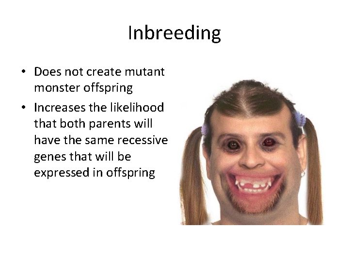 Inbreeding • Does not create mutant monster offspring • Increases the likelihood that both
