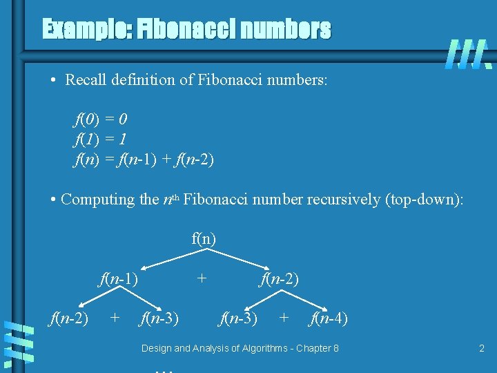 Example: Fibonacci numbers • Recall definition of Fibonacci numbers: f(0) = 0 f(1) =