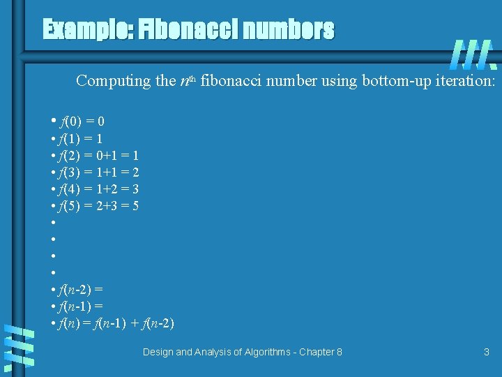 Example: Fibonacci numbers Computing the nth fibonacci number using bottom-up iteration: • f(0) =