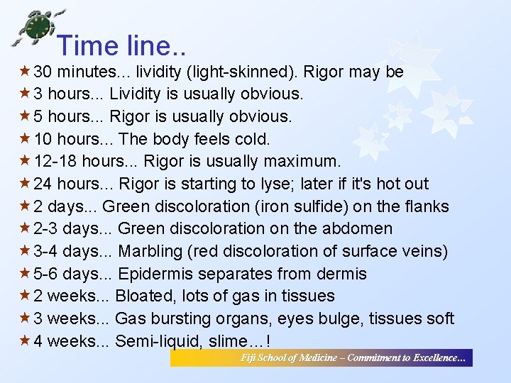 Time line. . « 30 minutes. . . lividity (light-skinned). Rigor may be « Time line. . « 30 minutes. . . lividity (light-skinned). Rigor may be «