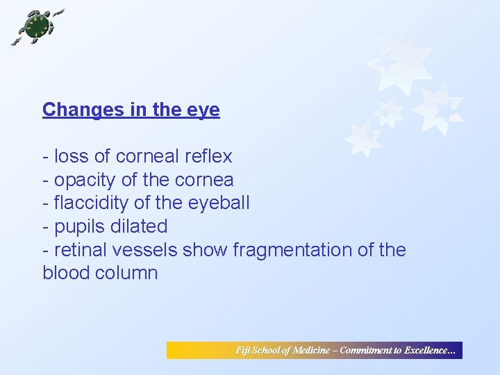 Changes in the eye - loss of corneal reflex - opacity of the cornea Changes in the eye - loss of corneal reflex - opacity of the cornea