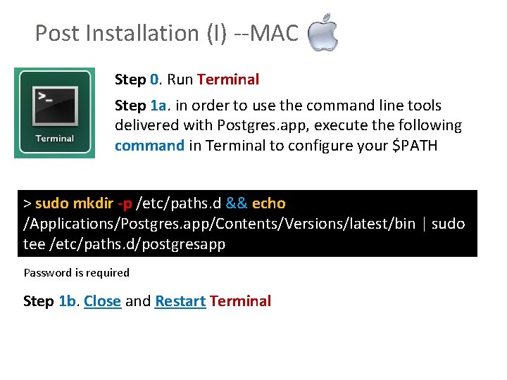 Post Installation (I) --MAC Step 0. Run Terminal Step 1 a. in order to