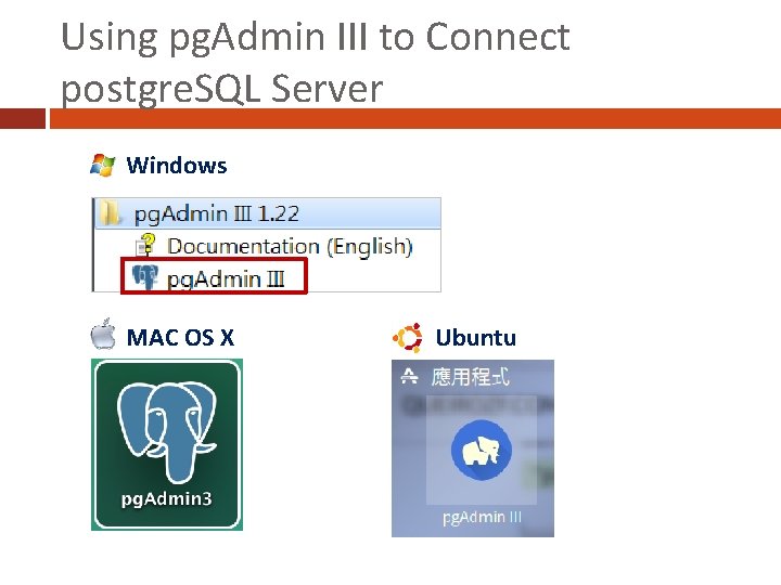 Using pg. Admin III to Connect postgre. SQL Server Windows MAC OS X Ubuntu