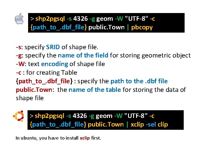 > shp 2 pgsql -s 4326 -g geom -W "UTF-8" -c {path_to_. dbf_file} public.