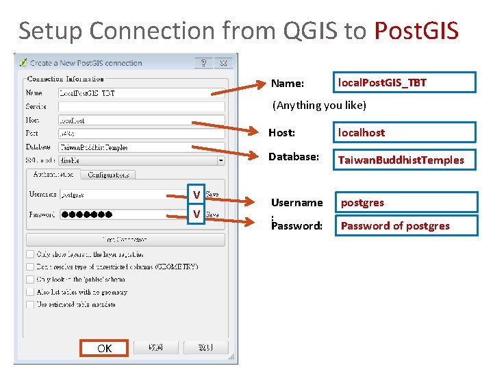 Setup Connection from QGIS to Post. GIS Name: local. Post. GIS_TBT (Anything you like)