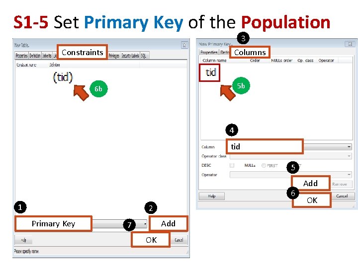 S 1 -5 Set Primary Key of the Population 3 Tables. Constraints Columns 5