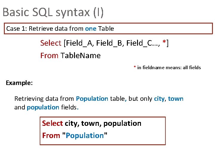 Basic SQL syntax (I) Case 1: Retrieve data from one Table Select [Field_A, Field_B,