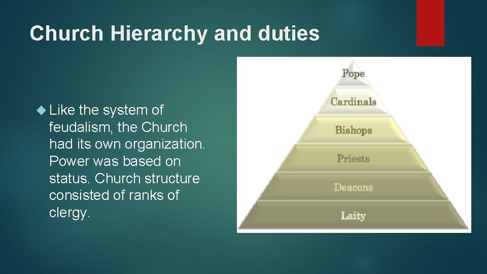 Church Hierarchy and duties Like the system of feudalism, the Church had its own