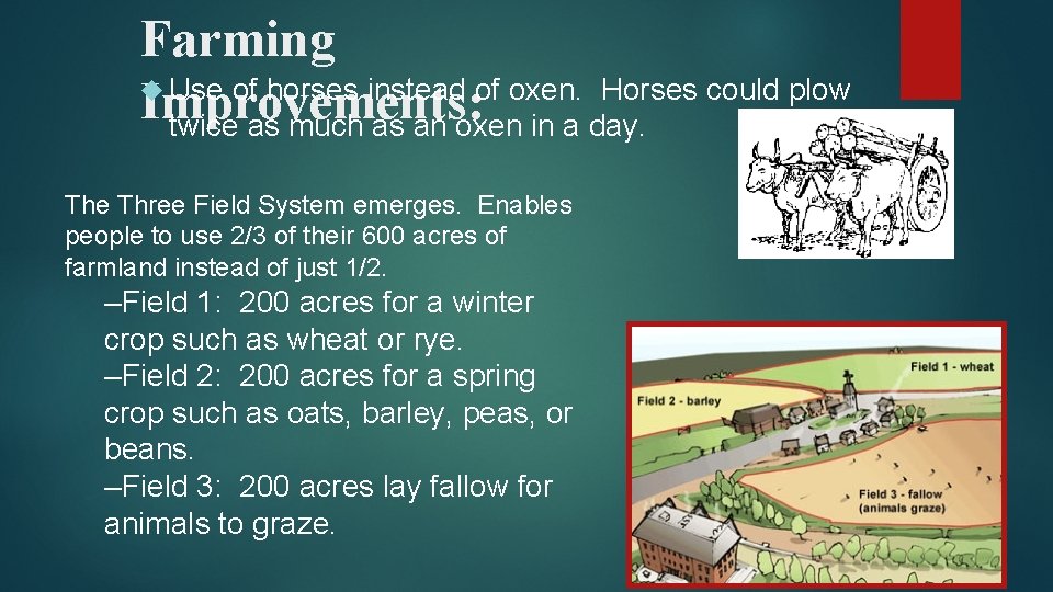 Farming Use of horses instead of oxen. Horses could plow Improvements: twice as much