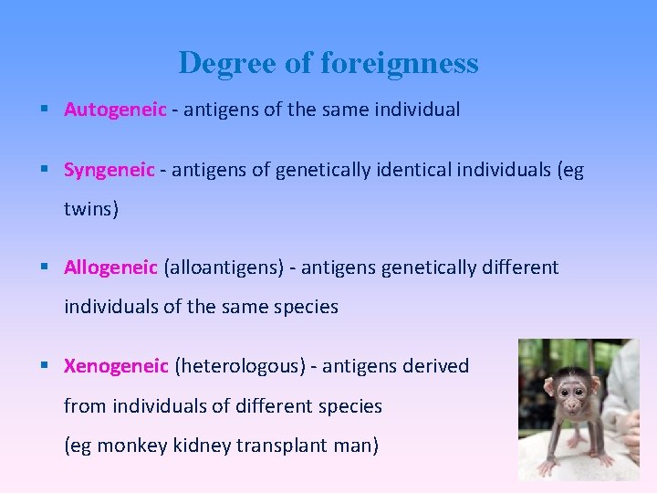 Degree of foreignness Autogeneic - antigens of the same individual Syngeneic - antigens of