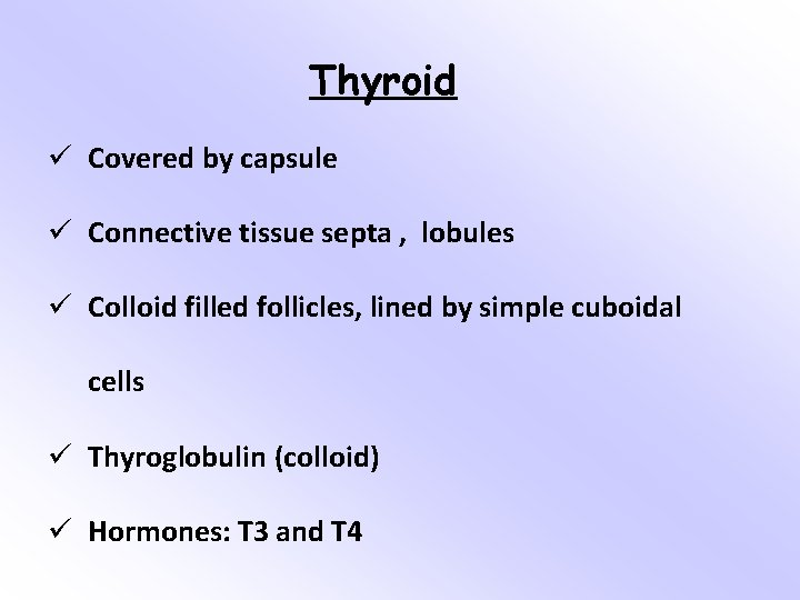 Thyroid ü Covered by capsule ü Connective tissue septa , lobules ü Colloid filled