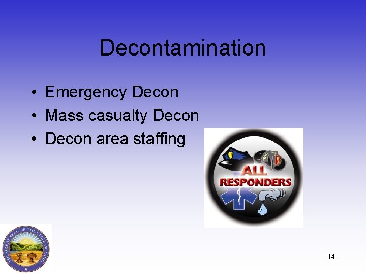 Decontamination • Emergency Decon • Mass casualty Decon • Decon area staffing 14 