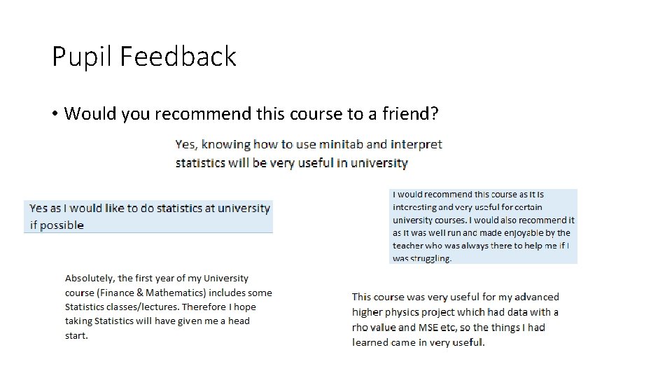 Pupil Feedback • Would you recommend this course to a friend? 