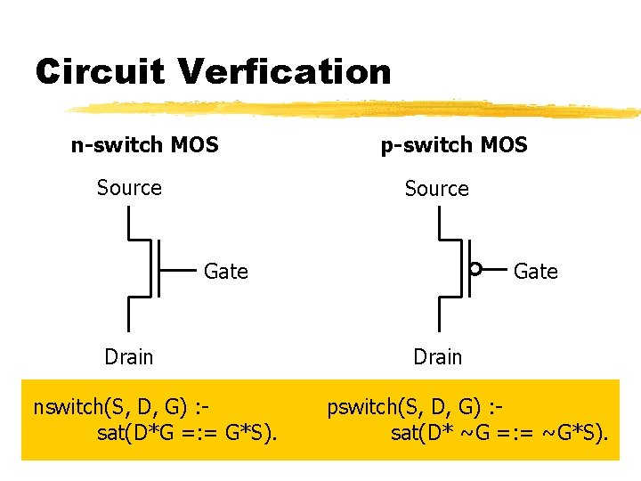 Circuit Verfication n-switch MOS Source p-switch MOS Source Gate Drain nswitch(S, D, G) :