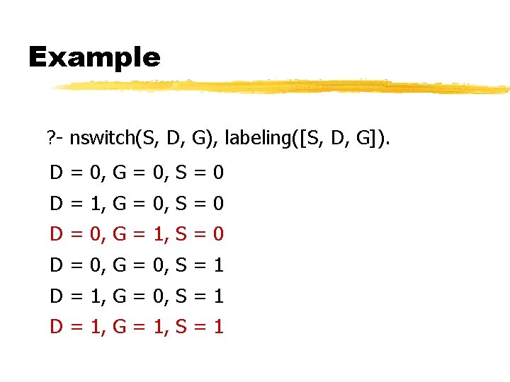 Example ? - nswitch(S, D, G), labeling([S, D, G]). D = 0, G =