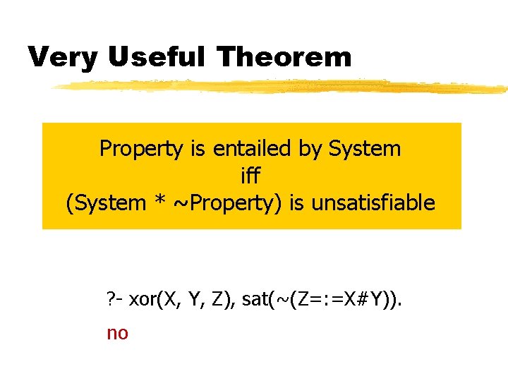 Very Useful Theorem Property is entailed by System iff (System * ~Property) is unsatisfiable