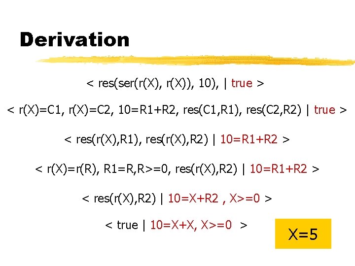 Derivation < res(ser(r(X), r(X)), 10), | true > < r(X)=C 1, r(X)=C 2, 10=R