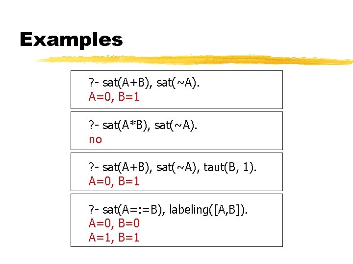 Examples ? - sat(A+B), sat(~A). A=0, B=1 ? - sat(A*B), sat(~A). no ? -