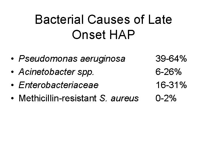 Bacterial Causes of Late Onset HAP • • Pseudomonas aeruginosa Acinetobacter spp. Enterobacteriaceae Methicillin-resistant