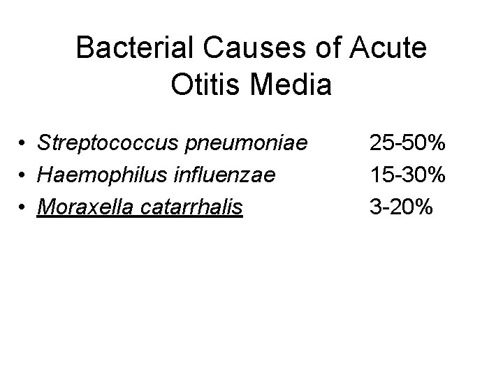 Bacterial Causes of Acute Otitis Media • Streptococcus pneumoniae • Haemophilus influenzae • Moraxella