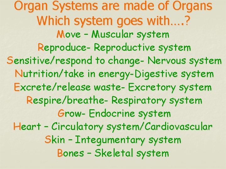 Organ Systems are made of Organs Which system goes with…. ? Move – Muscular