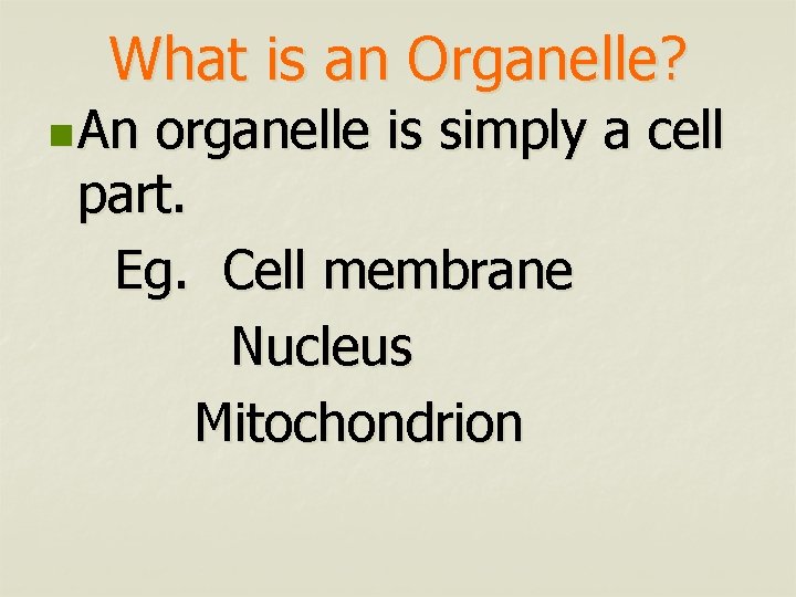 What is an Organelle? n An organelle is simply a cell part. Eg. Cell