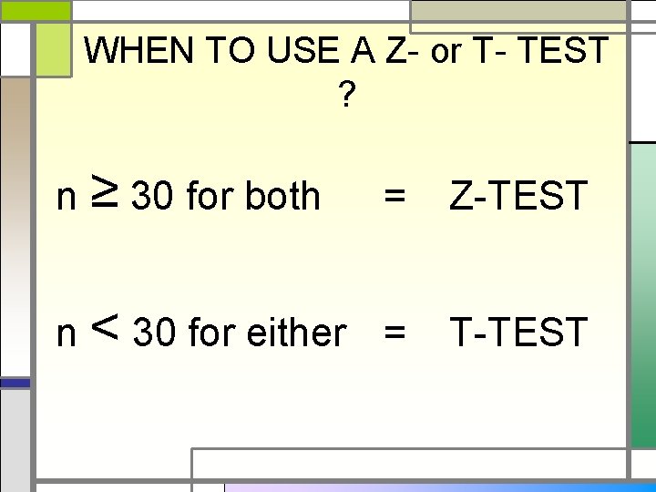 WHEN TO USE A Z- or T- TEST ? n ≥ 30 for both