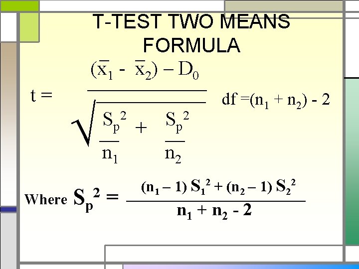 t= Where T-TEST TWO MEANS FORMULA – – (x 1 - x 2) –